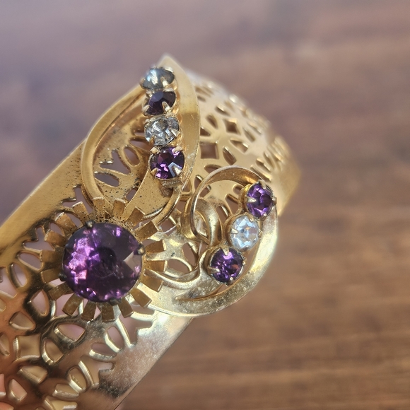 Elegant Gold-tone and Purple Rhinestone Cuff Bracelet - Picture 6 of 8